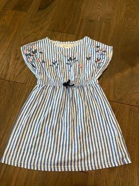 L.O.G.G. Girls Blue and White Striped Dress with Butterfly Floral Embroidery, Si